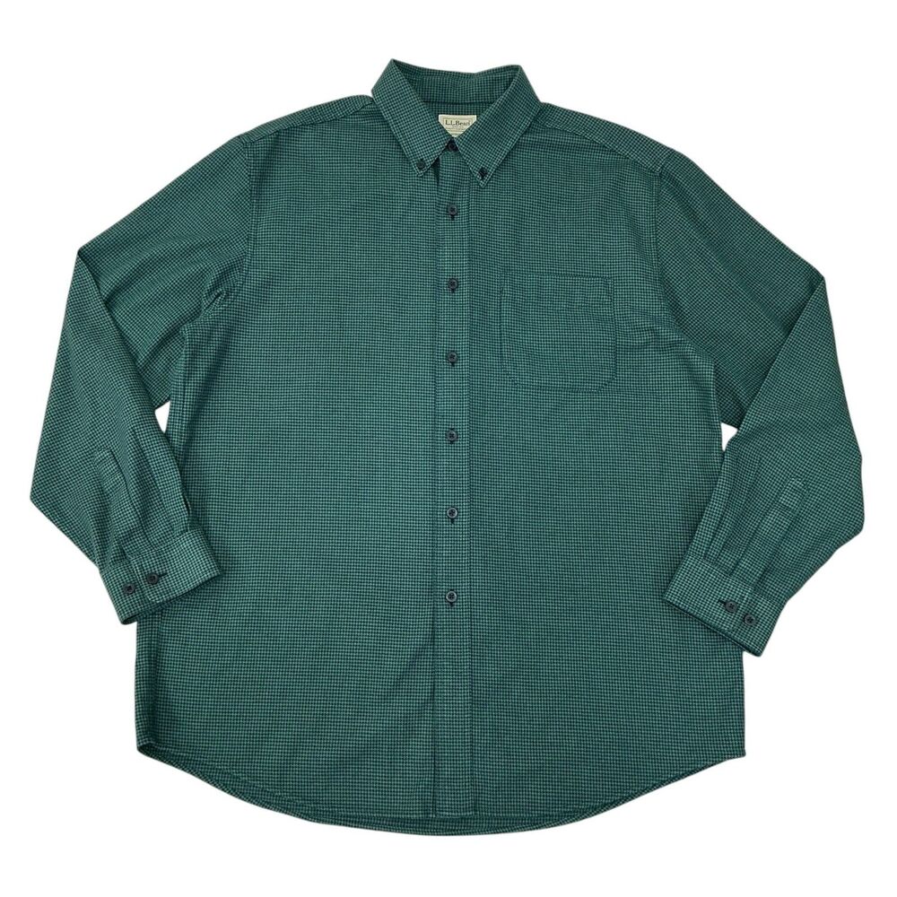 L.L. Bean Wicked Good Flannel Shirt Mens L Houndstooth Button Down Green Outdoor
